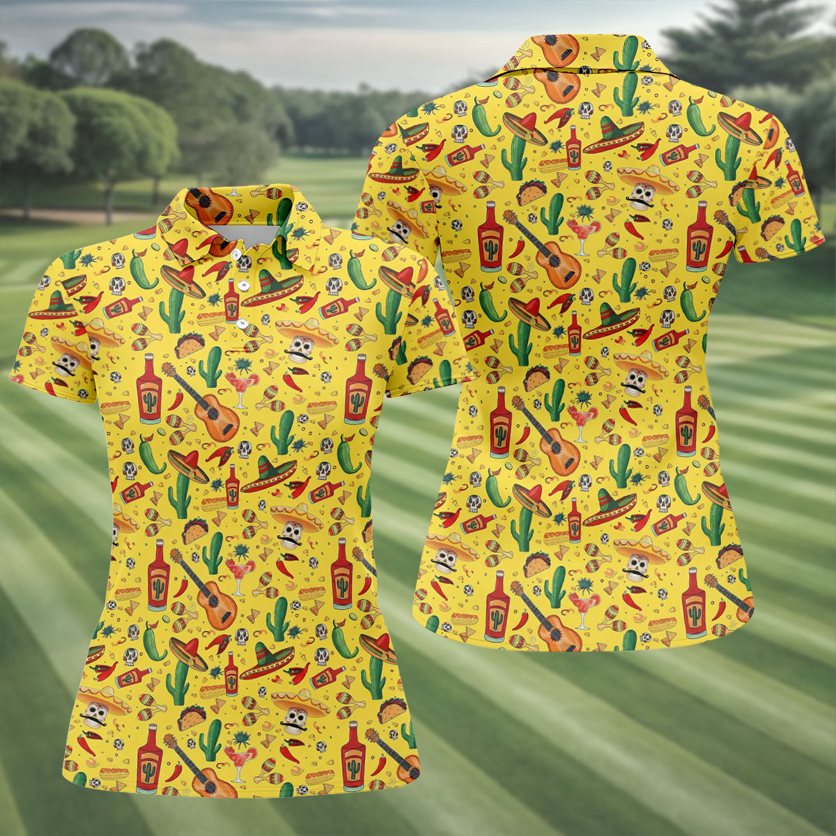 Skulls With Sombreros Funny Cinco De Mayo Fiesta Themed Ladies Golf Tops, Golf Shirt For Women
