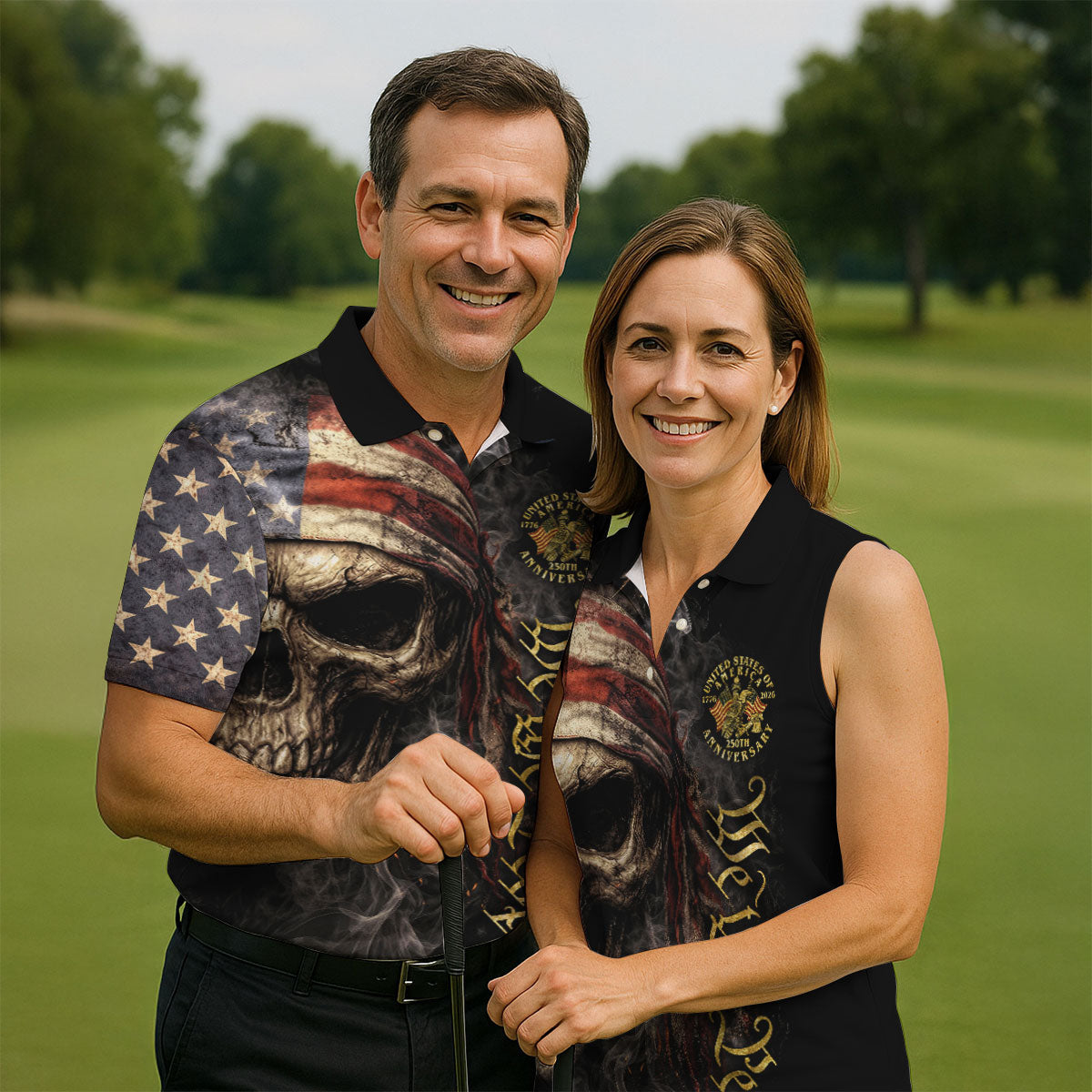 USA 250th Anniversary We The People Patriotic Skull Golf Shirt, 4th Of July Golf Shirt For Women