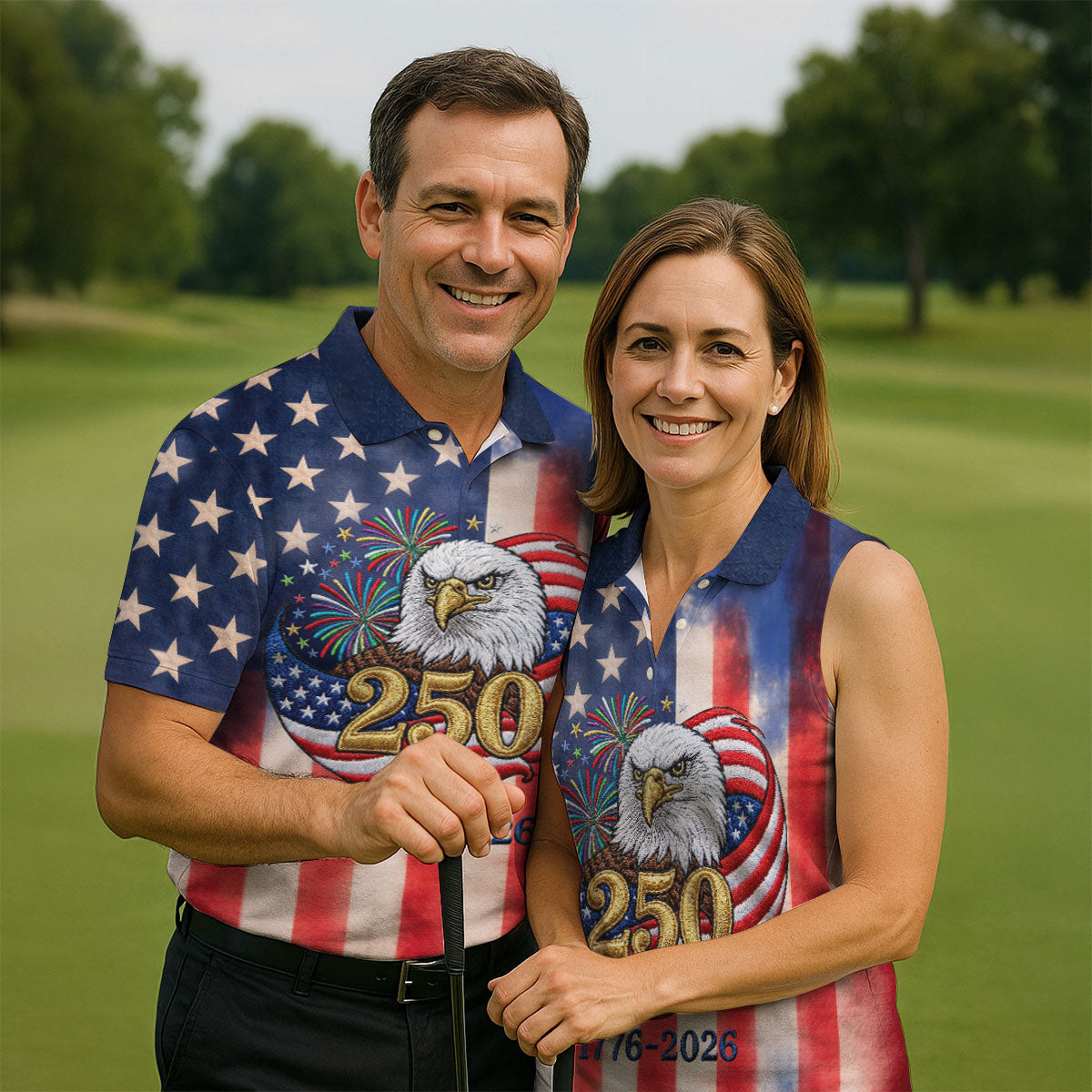 250 Years Bald Eagle US Flag Faded Color Retro Golf Shirt, Patriotic 4th Of July Golf Shirts For Men