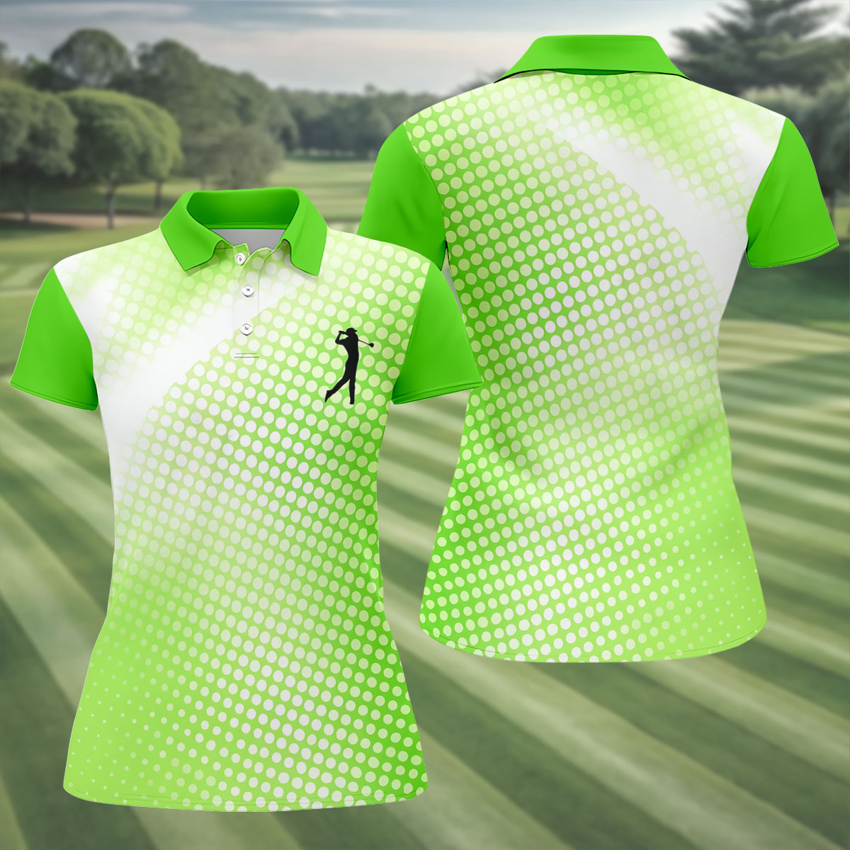 Green White Gradient Polka Dot Golf Shirt, Women's Golf Tops, Ladies Golf Polos