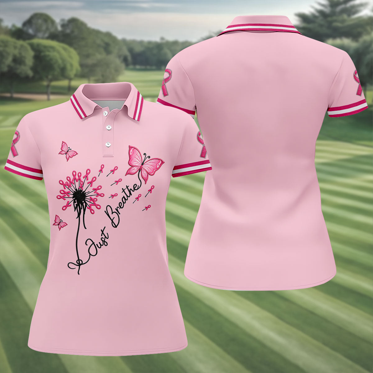 Just Breathe Butterfly Pink Ribbon Breast Cancer Polo Shirt, Golf Polo For Women