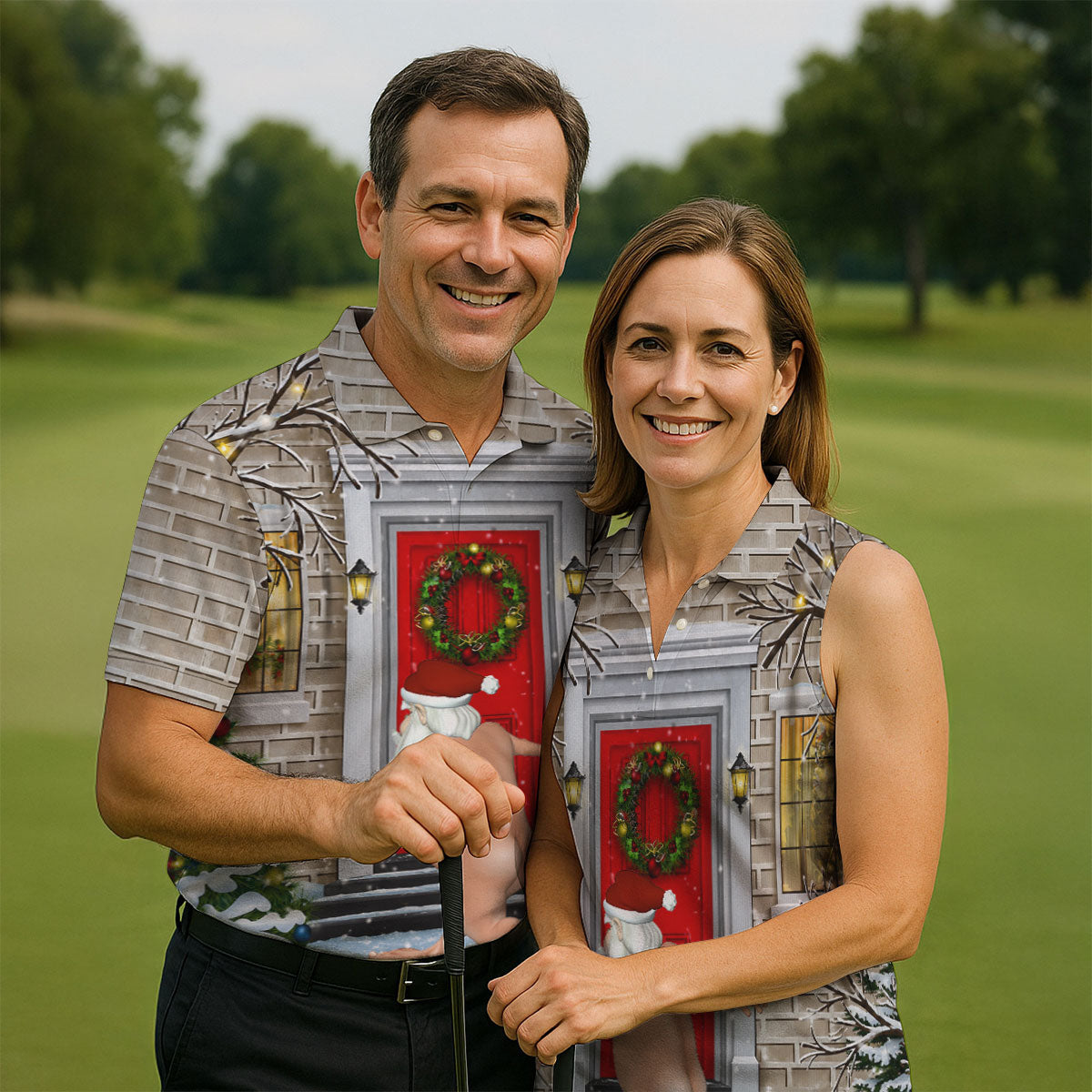 Men's Streaking Santa Doorbell Golf Shirt, Christmas Golf Shirt, Golf Apparel For Men