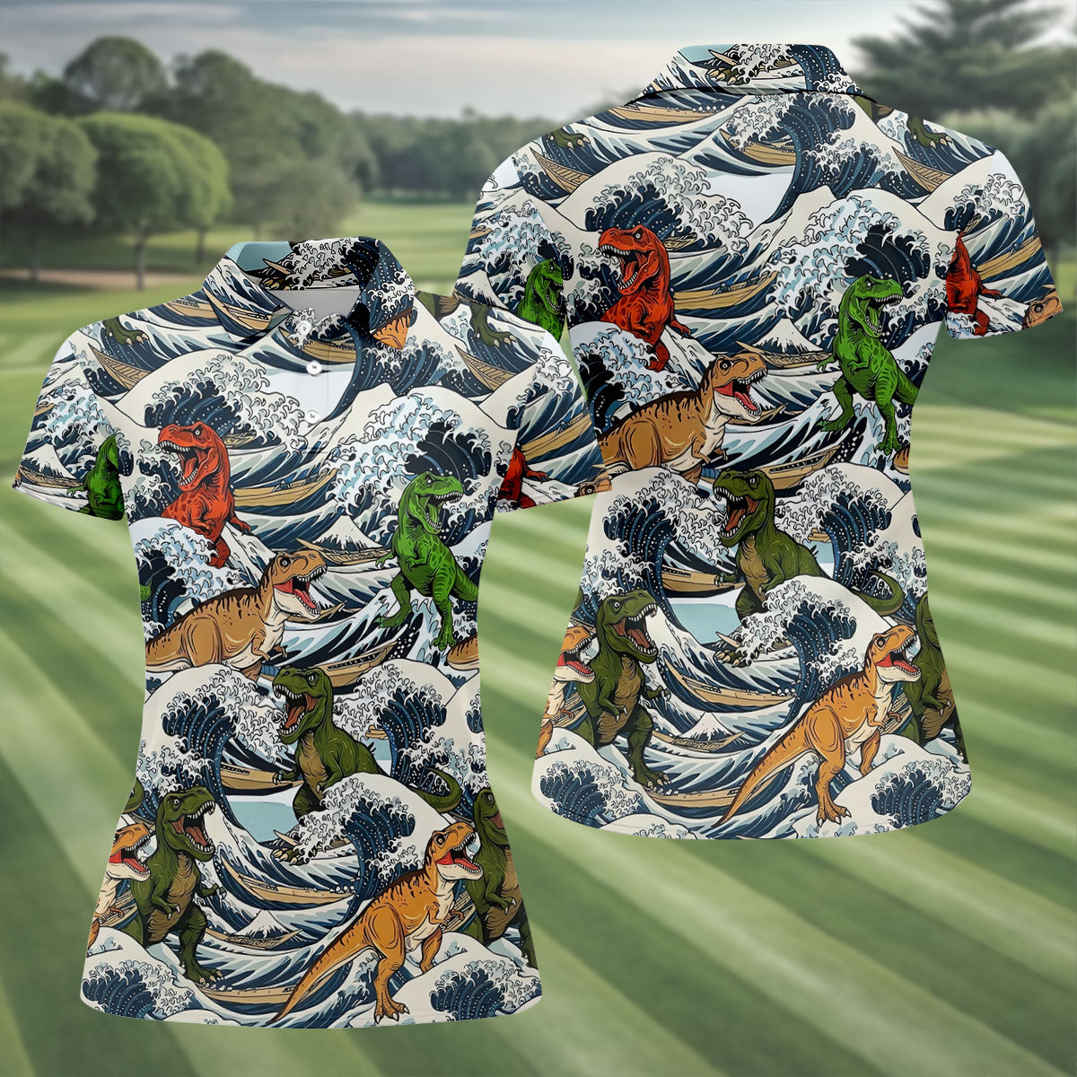 T Rex Surfing Great Wave Golf Polo Shirt, Women's Golf Polo, Golf Shirts For Women