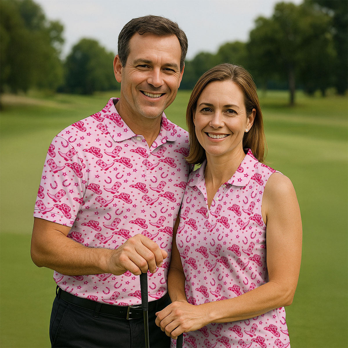 Pink Cowgirl Boots Hat Pattern Hawaiian Golf Shirt, Golf Polo For Women, Women’s Golf Apparel