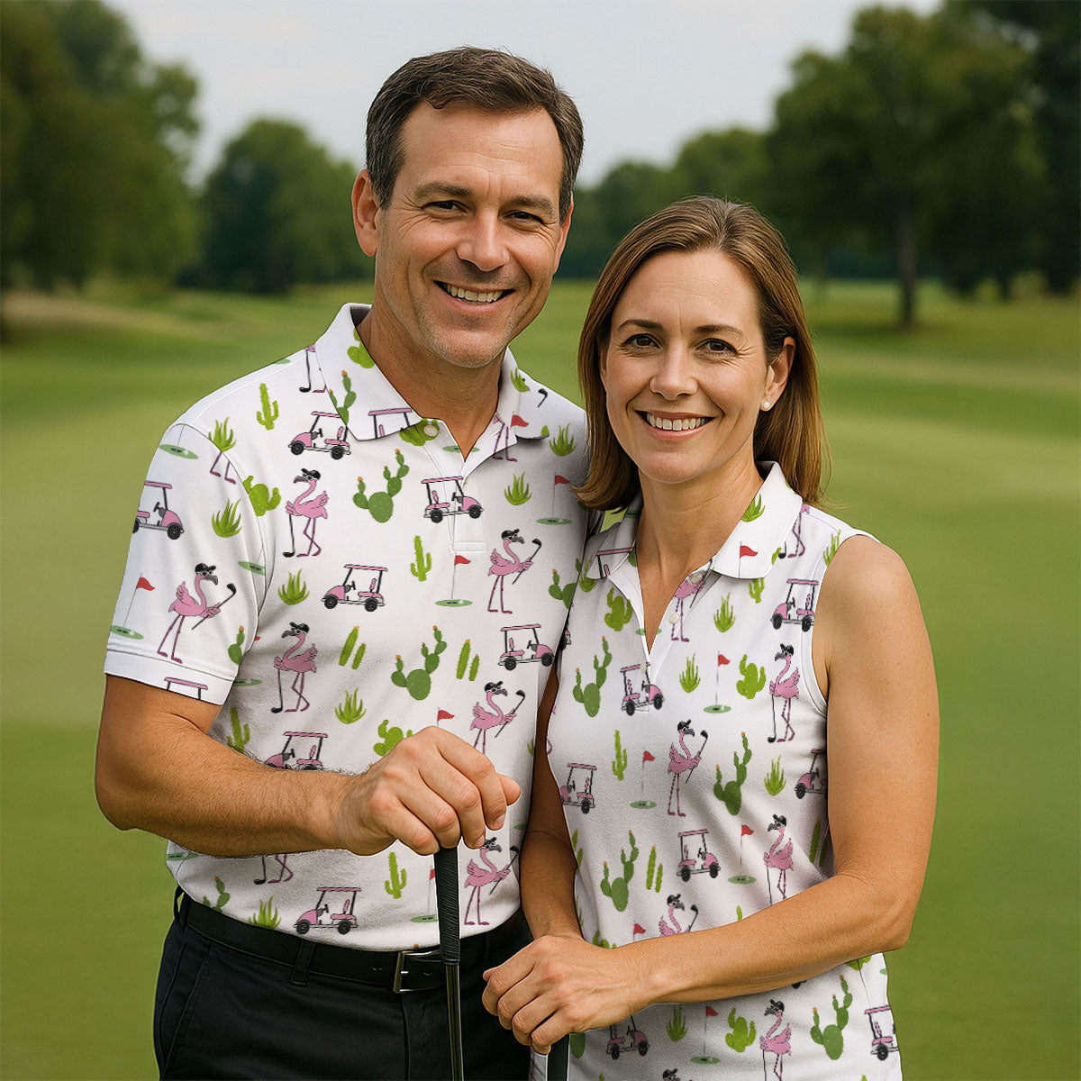 Pink Flamingo Golf Cart Cactus Hawaiian Golf Shirt, Mens Golf Polo, Golf Apparel For Men