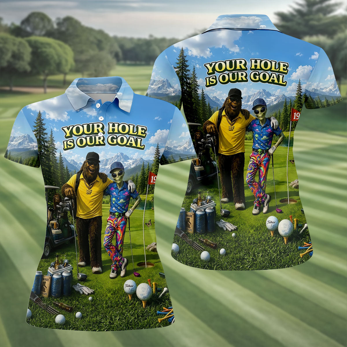 Your Hole Is Our Goal Funny Bigfoot Alien Golf Polo Shirt, Ladies Golf Top, Golf Shirt