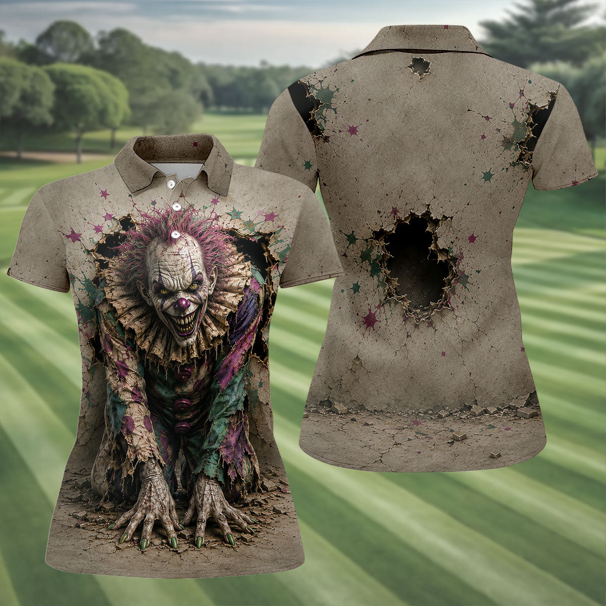 Halloween Purple Horror Character Golf Shirt, Women's Golf Apparel, Printed Golf Shirt