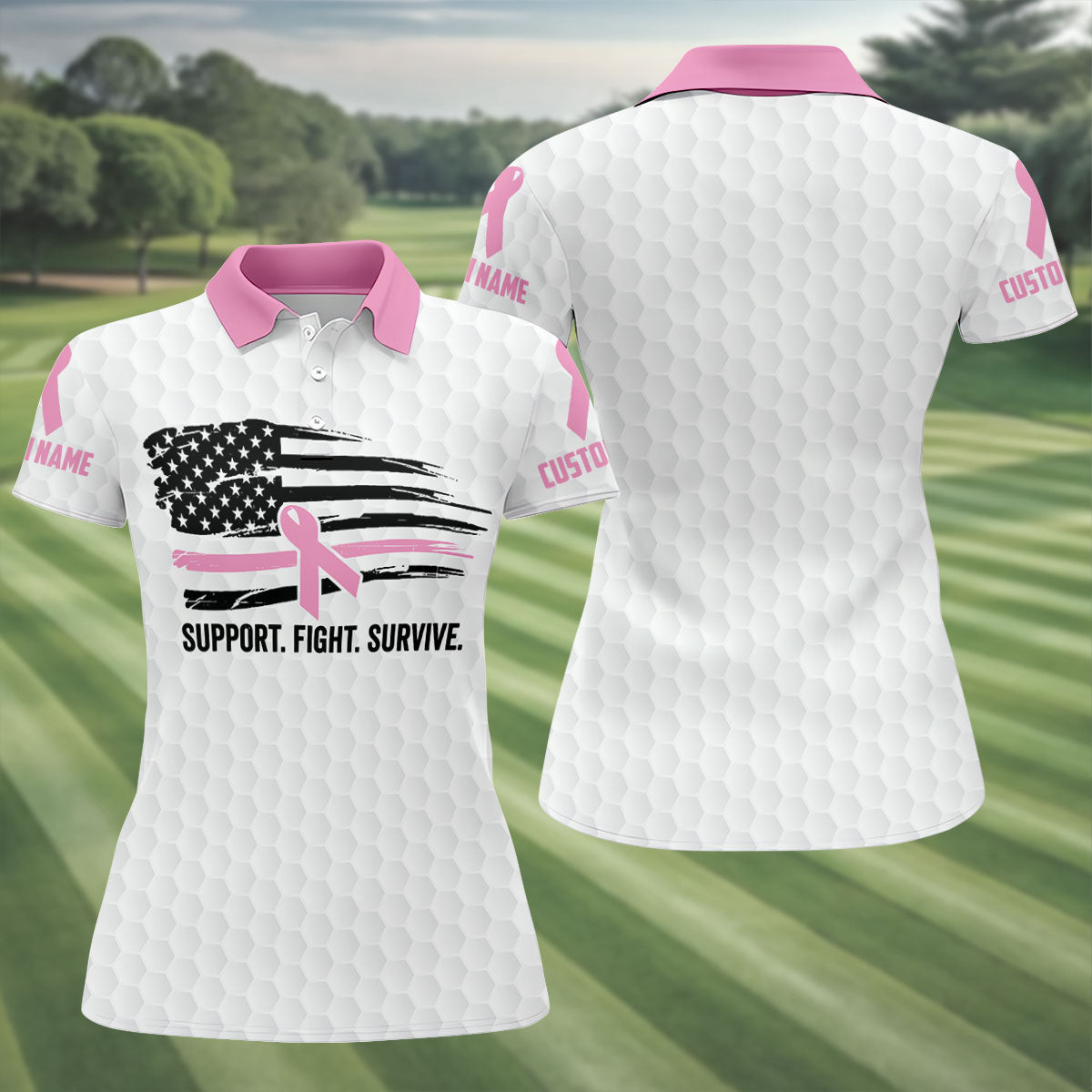 Custom Support Fight Survive Breast Cancer Polo Shirt, Ladies Golf Tops, Women’s Golf Polo