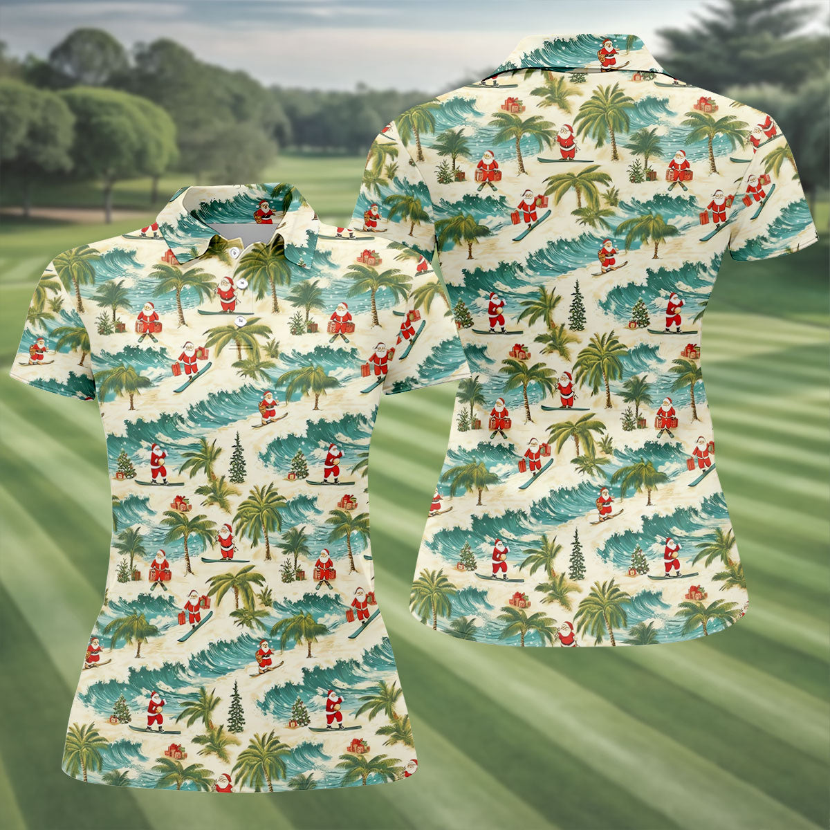 Christmas Santa Surfing Tropical Hawaiian Golf Shirt, Golf Shirts For Women, Performance Golf Shirt
