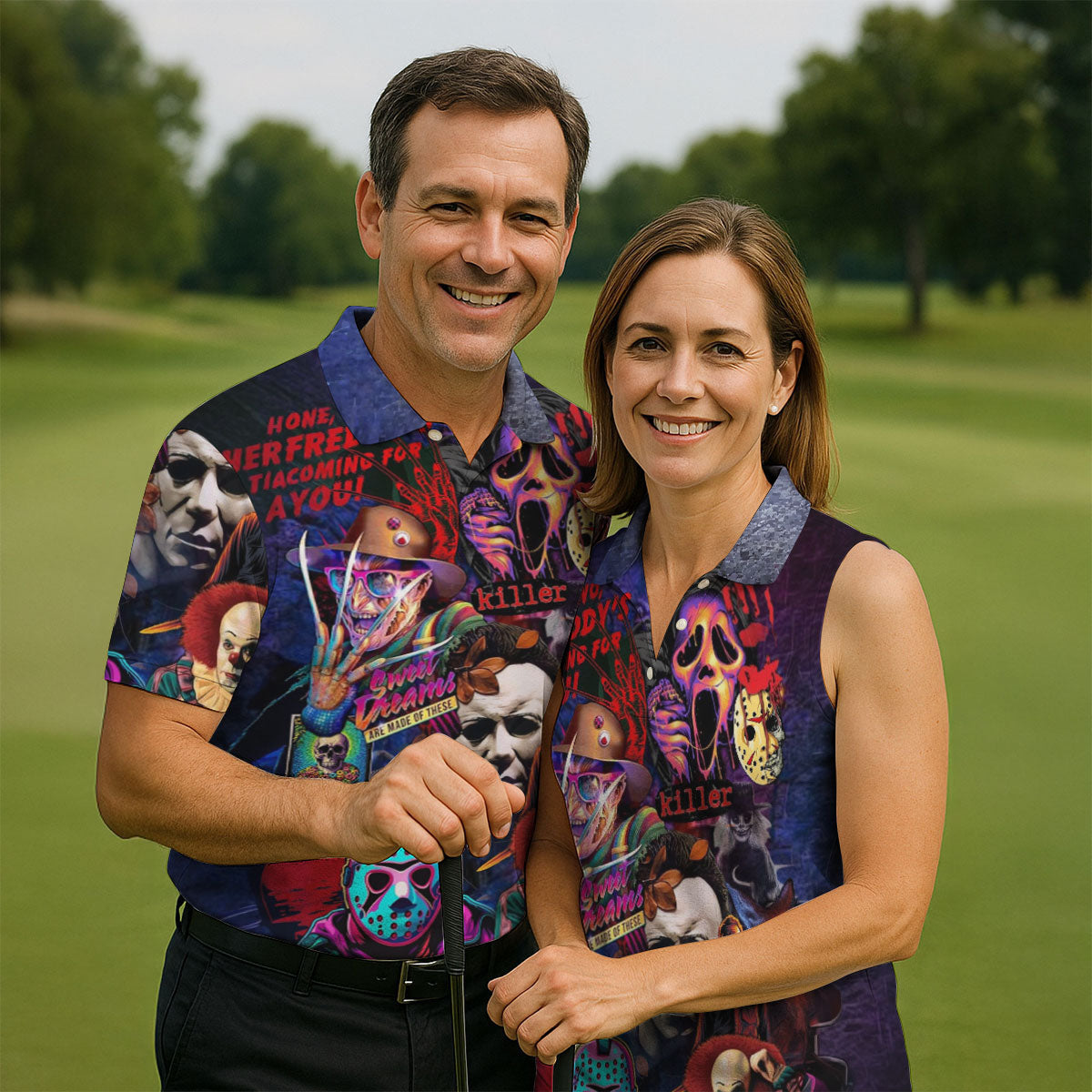 Vintage Horror Character Movie Villain Collage Golf Polo Shirt, Mens Golf Polo, Hawaiian Golf Shirt