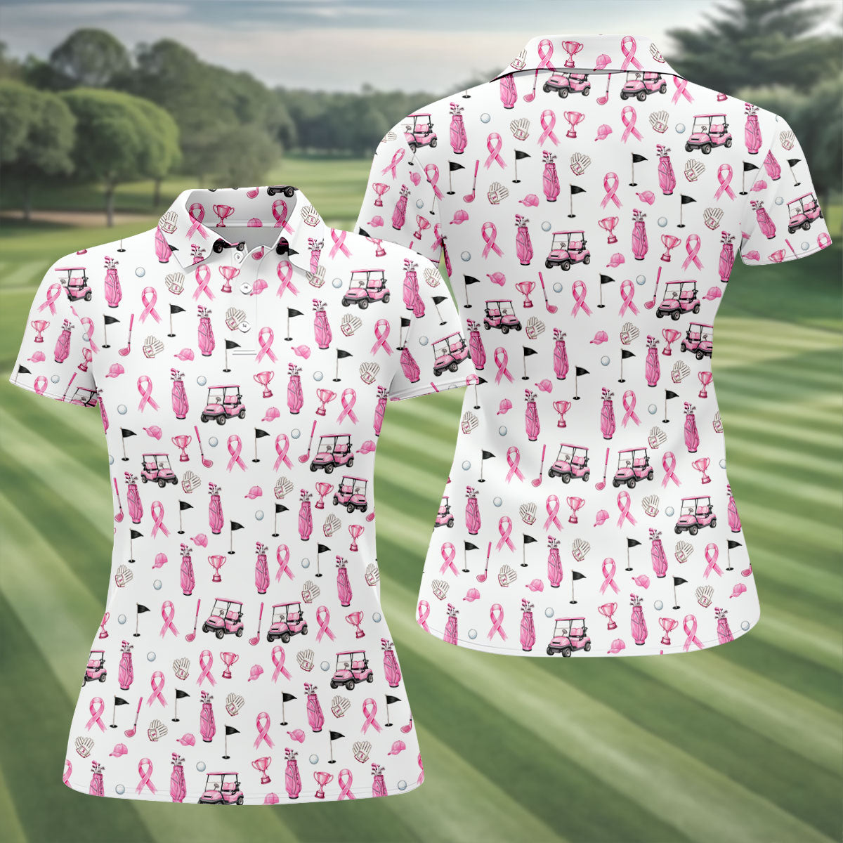 Pink Golf Cart Ribbon Breast Cancer Polo Shirt, Womens Golf Polo, Golf Tops For Women