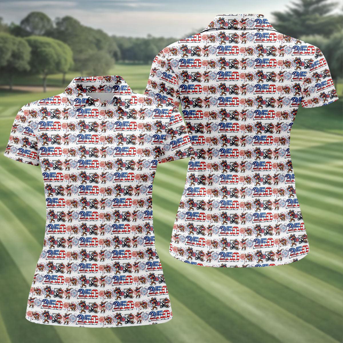 Funny Bigfoot Golf Pose Patriotic 4th Of July White Golf Shirt, 250 Years Golf Shirt For Women