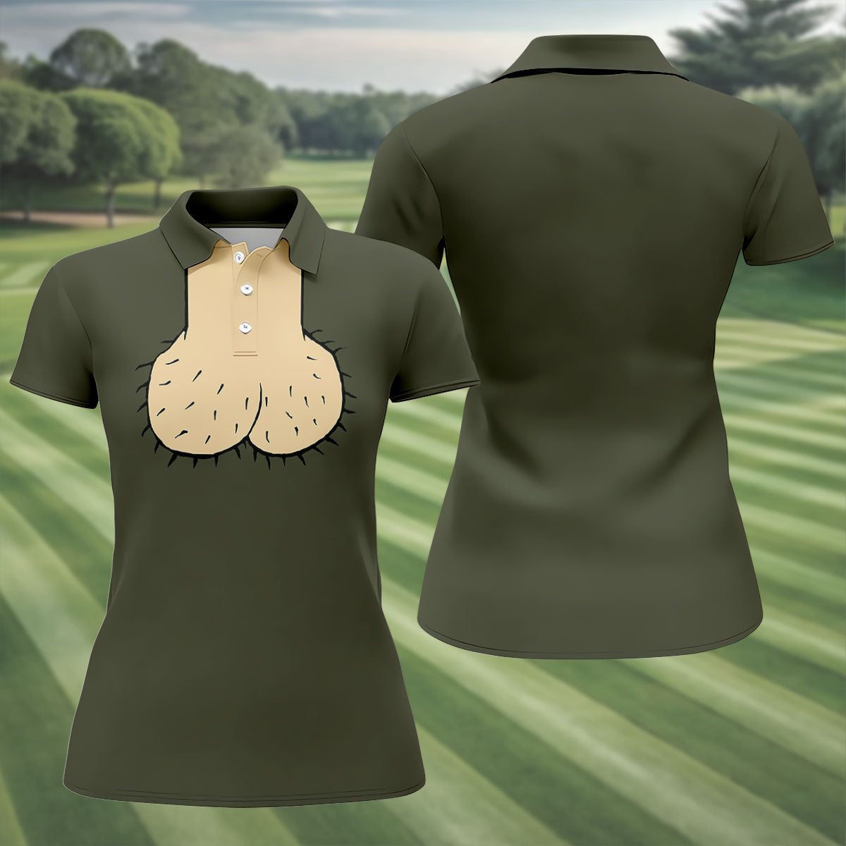 Olive Green Funny Dickhead Faux Chest Golf Shirt, Golf Tops For Women, Women’s Golf Apparel