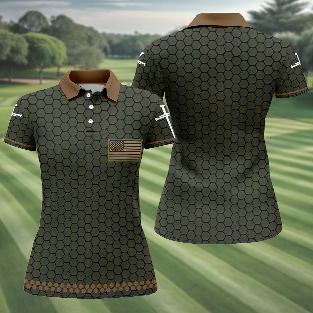 Faith Cross Bald Eagle America 250 Anniversary Hexagonal Pattern Patriotic Golf Shirt, Golf Shirt For Women