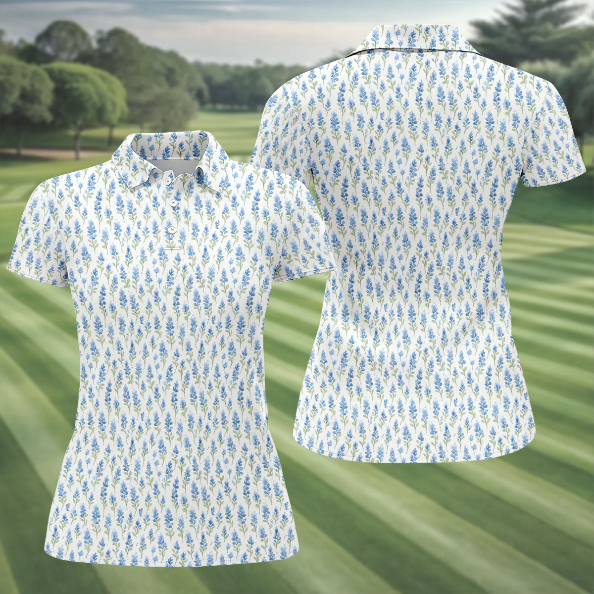 Texas Bluebonnet Floral Pattern Golf Polo Shirt, Womens Golf Polo, Ladies Golf Shirts