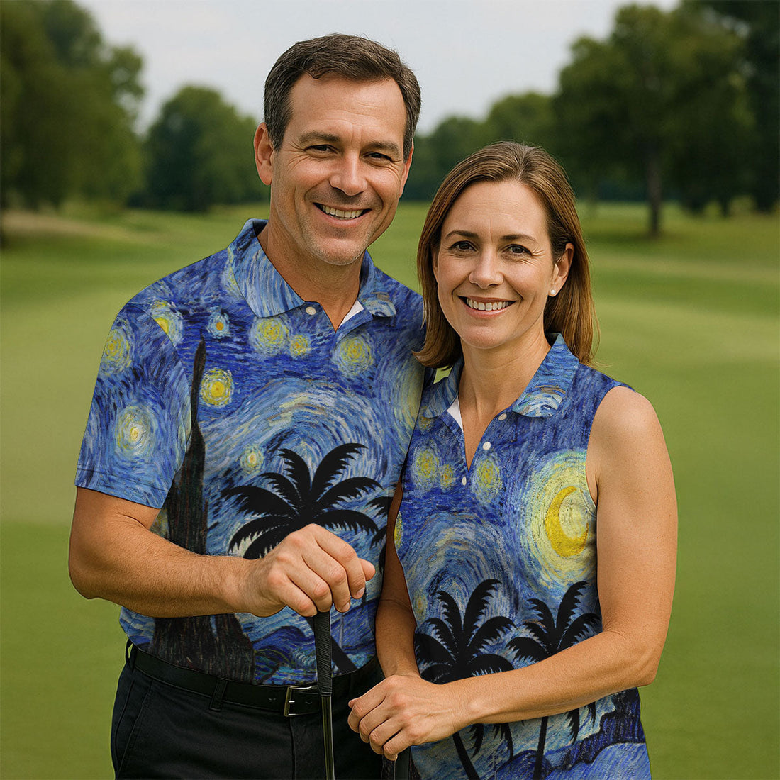 Van Gogh Starry Night Tropical Palm Tree Golf Shirt, Mens Golf Polo, Printed Golf Shirts