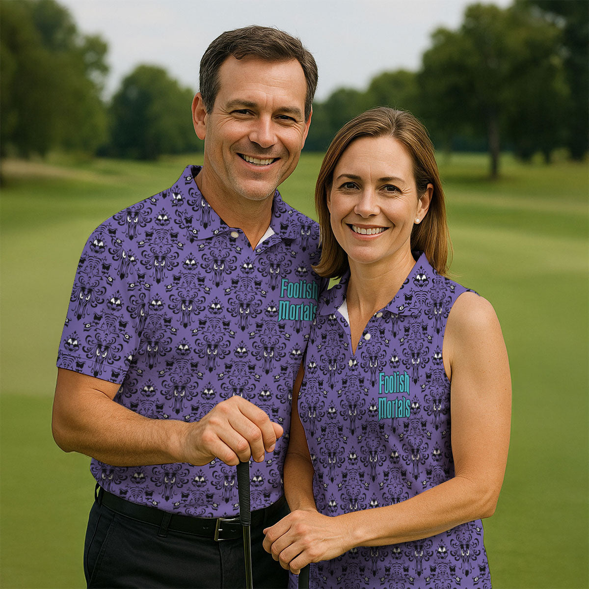 Foolish Mortals Haunted Pattern Golf Polo Shirt, Women's Halloween Shirt, Womens Golf Tops