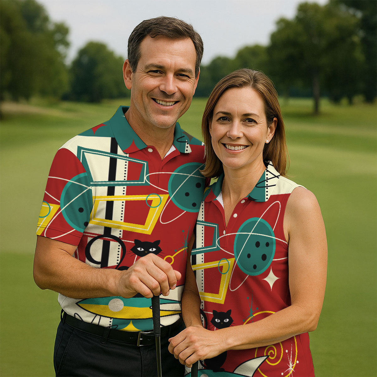 Geometric Abstraction Atomic Cat Hawaiian Golf Shirt, Retro Golf Shirt, Polo Shirts For Men