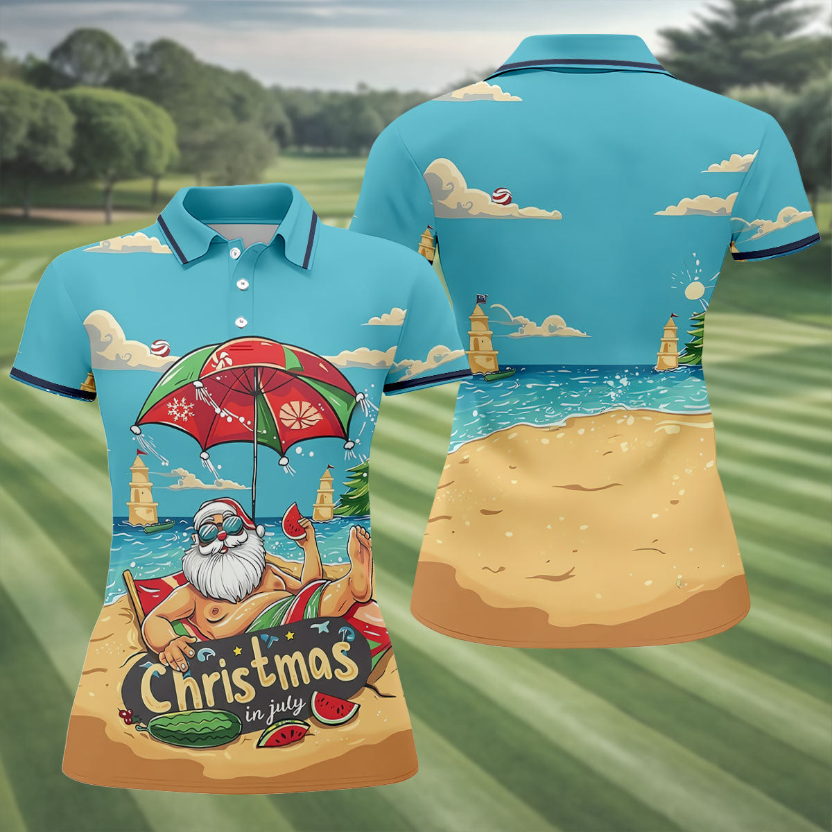 Christmas In July Santa Beach Christmas Golf Shirt, Women's Golf Tops, Hawaiian Golf Shirt, Printed Golf Shirt