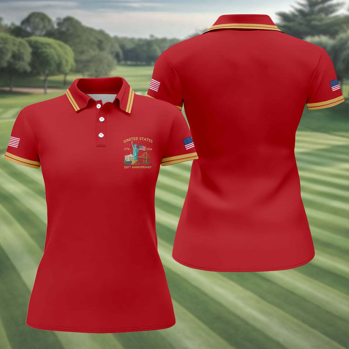 American Symbols Red Patriotic Golf Shirt, US 250 Years 4th Of July Golf Shirt For Women
