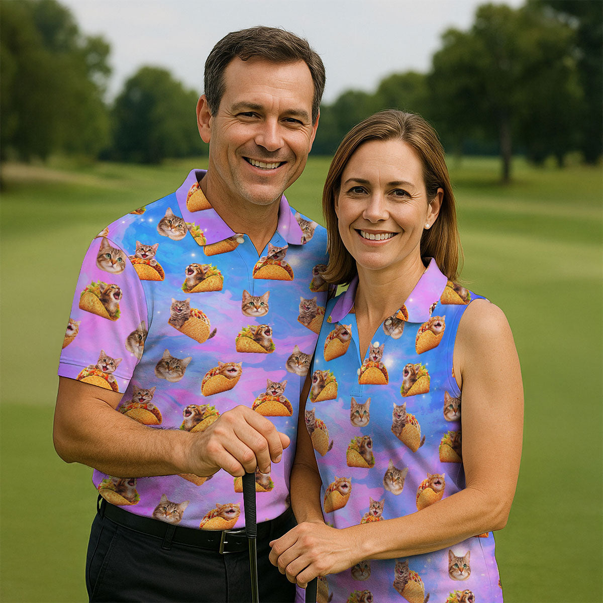 Funny Taco Cat Galaxy Pattern Golf Shirt, Women’s Golf Apparel, Ladies Golf Shirt
