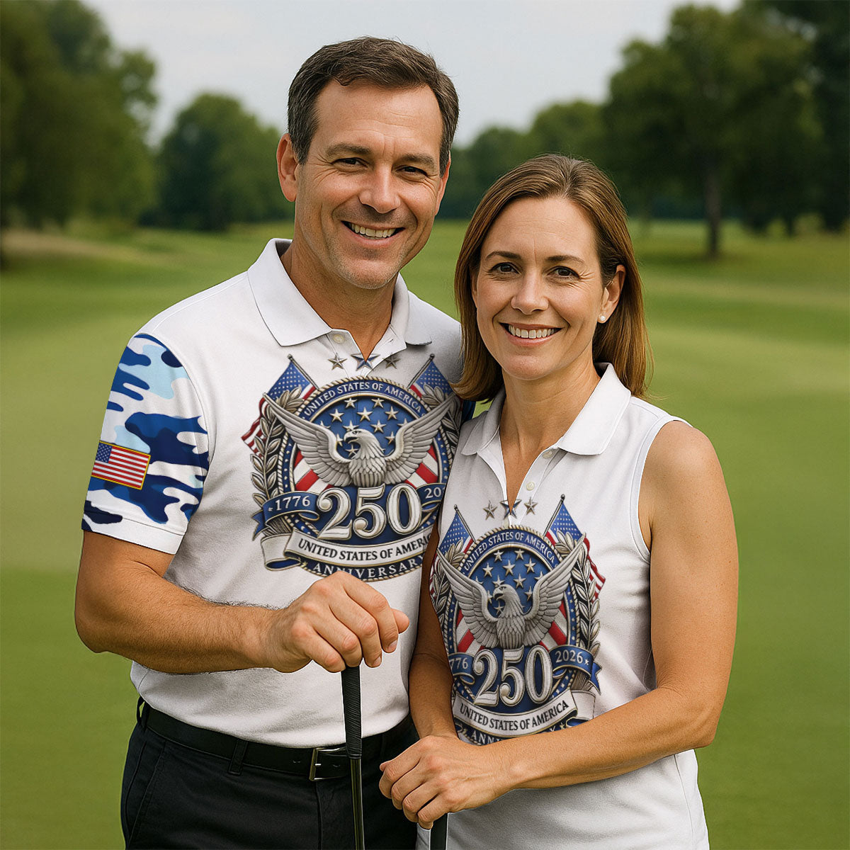 Patriotic Bald Eagle Blue And White Camo White Golf Shirt, 250th Anniversary Golf Shirts For Men