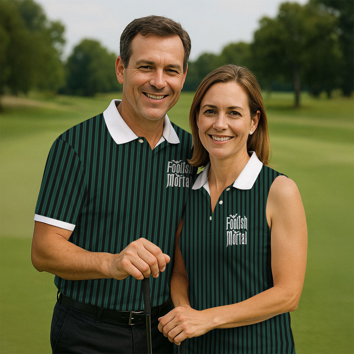 Green Foolish Mortal Striped Golf Polo Shirt, Men's Golf Shirt, Halloween Shirt For Men