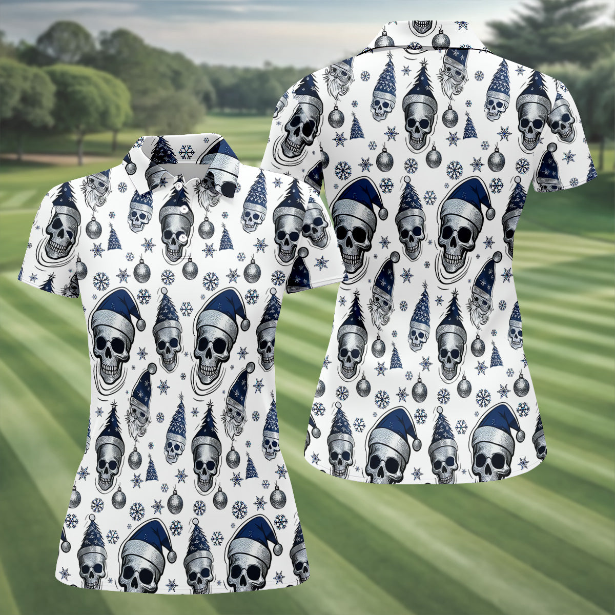 Vintage Skull Christmas Golf Shirt, White Polo Women, Cool Golf Gift, Ladies Golf Shirts, Golfing Apparel
