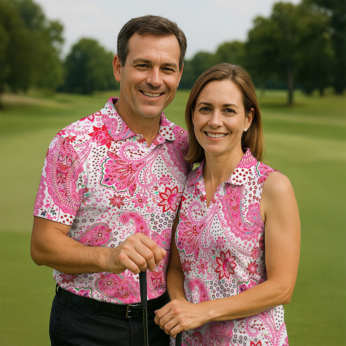 Pink Paisley Floral Pattern Golf Shirt, Golf Tops For Women, Hawaiian Golf Shirt, Women’s Golf Apparel