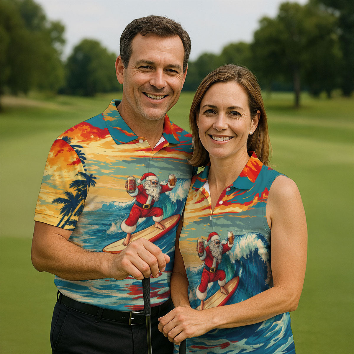 Tropical Surfing Santa Sunset Christmas Golf Shirt, Men's Golf Shirt, Hawaiian Golf Shirt