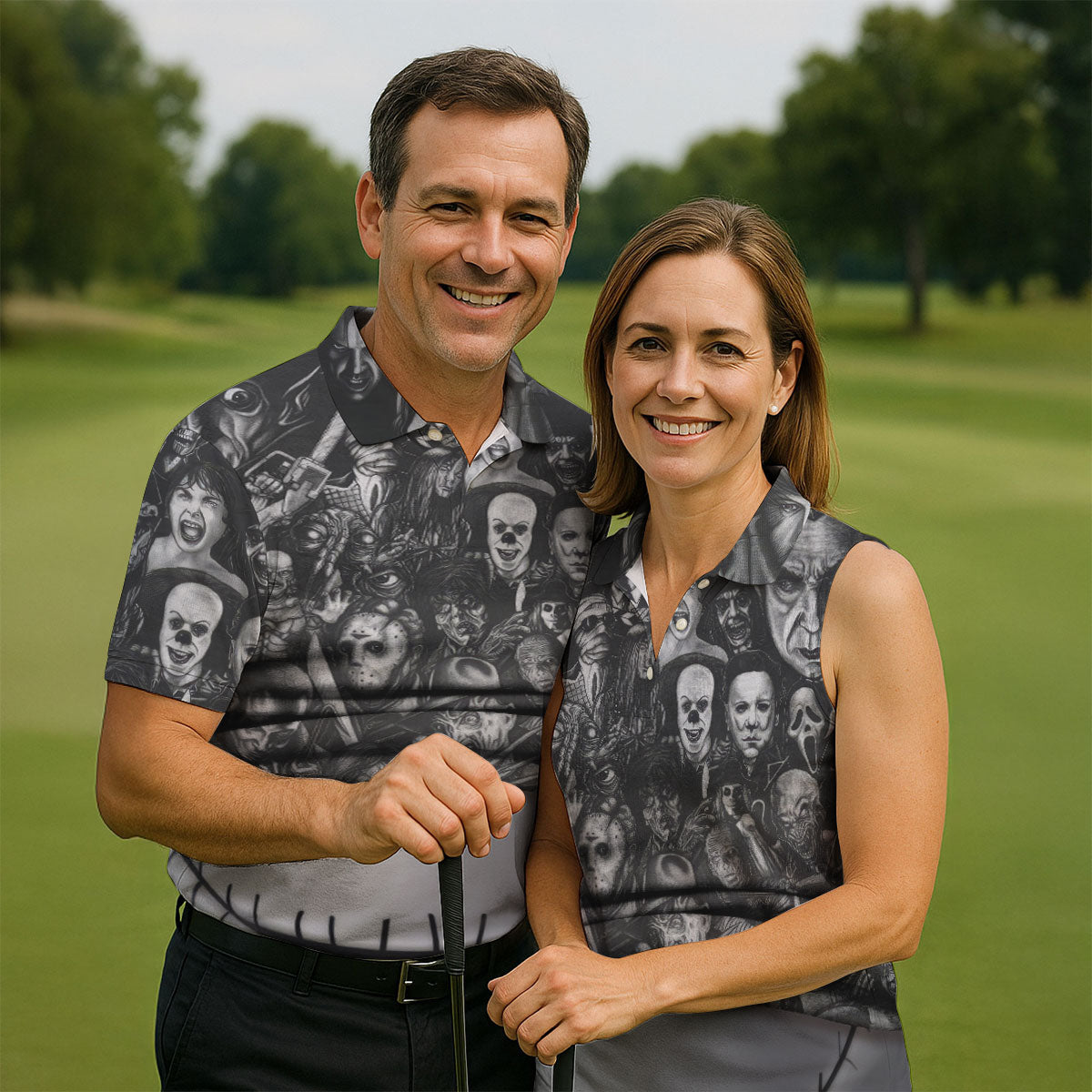 Stitched Skull Horror Character Halloween Polo Shirt, Men's Golf Shirt, Mens Polo Shirts