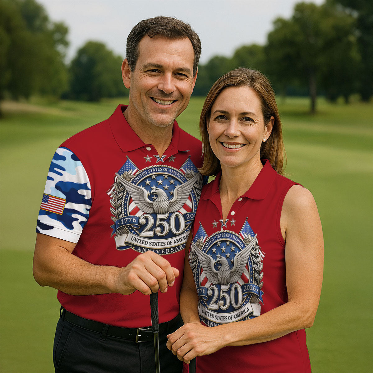 Patriotic Bald Eagle Blue And White Camo Red Golf Shirt, 250th Anniversary Golf Shirts For Men