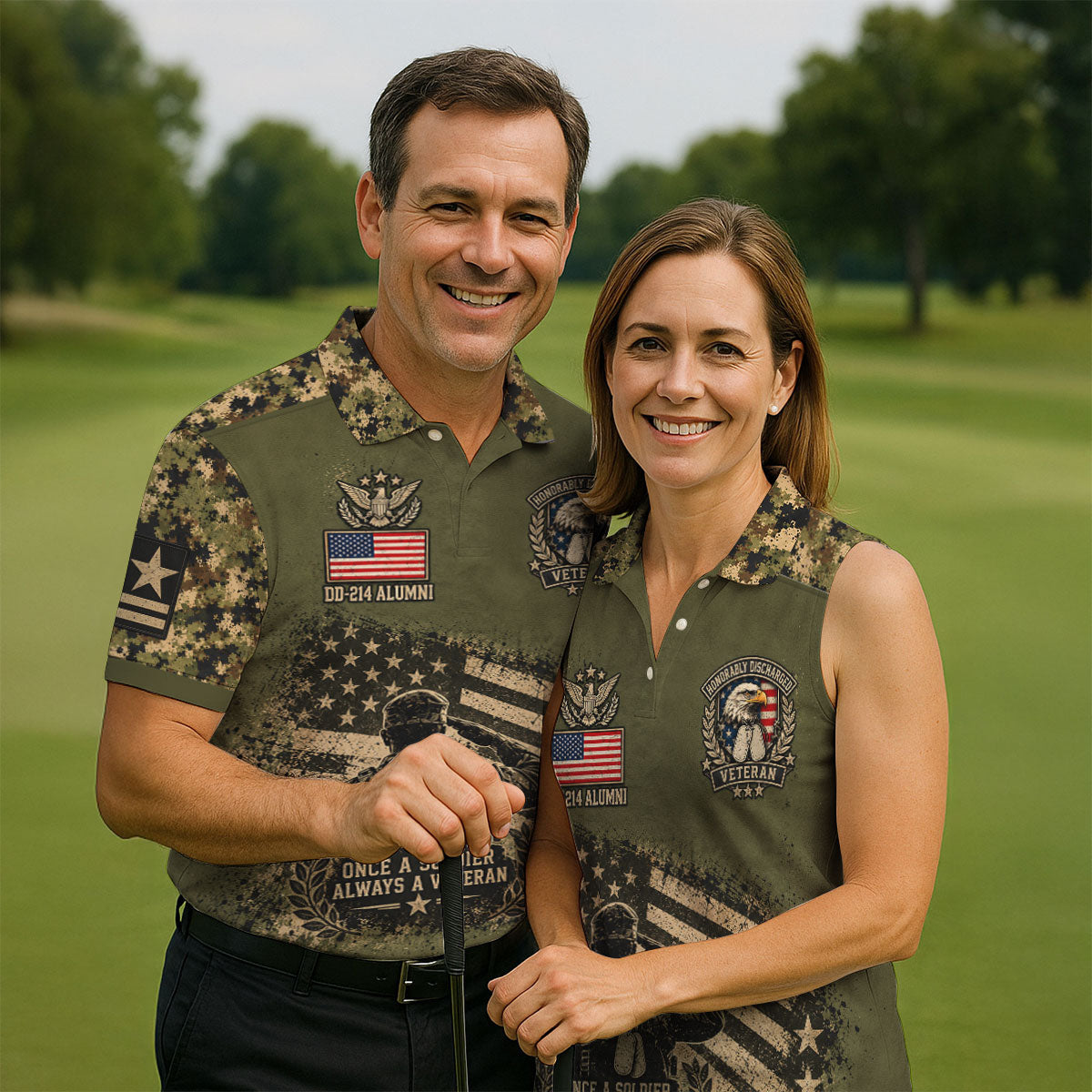 DD-214 Soldier Flag Camo Golf Polo Shirt, Mens Golf Apparel, Veterans Day Golf Shirt