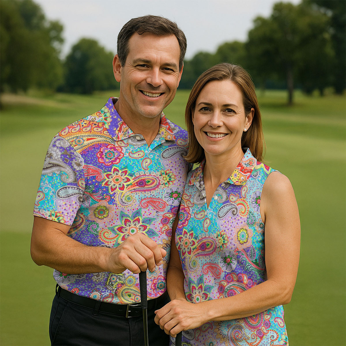 Vibrant Paisley Floral Patchwork Golf Polo Shirt, Ladies Golf Shirt, Golf Tops For Women