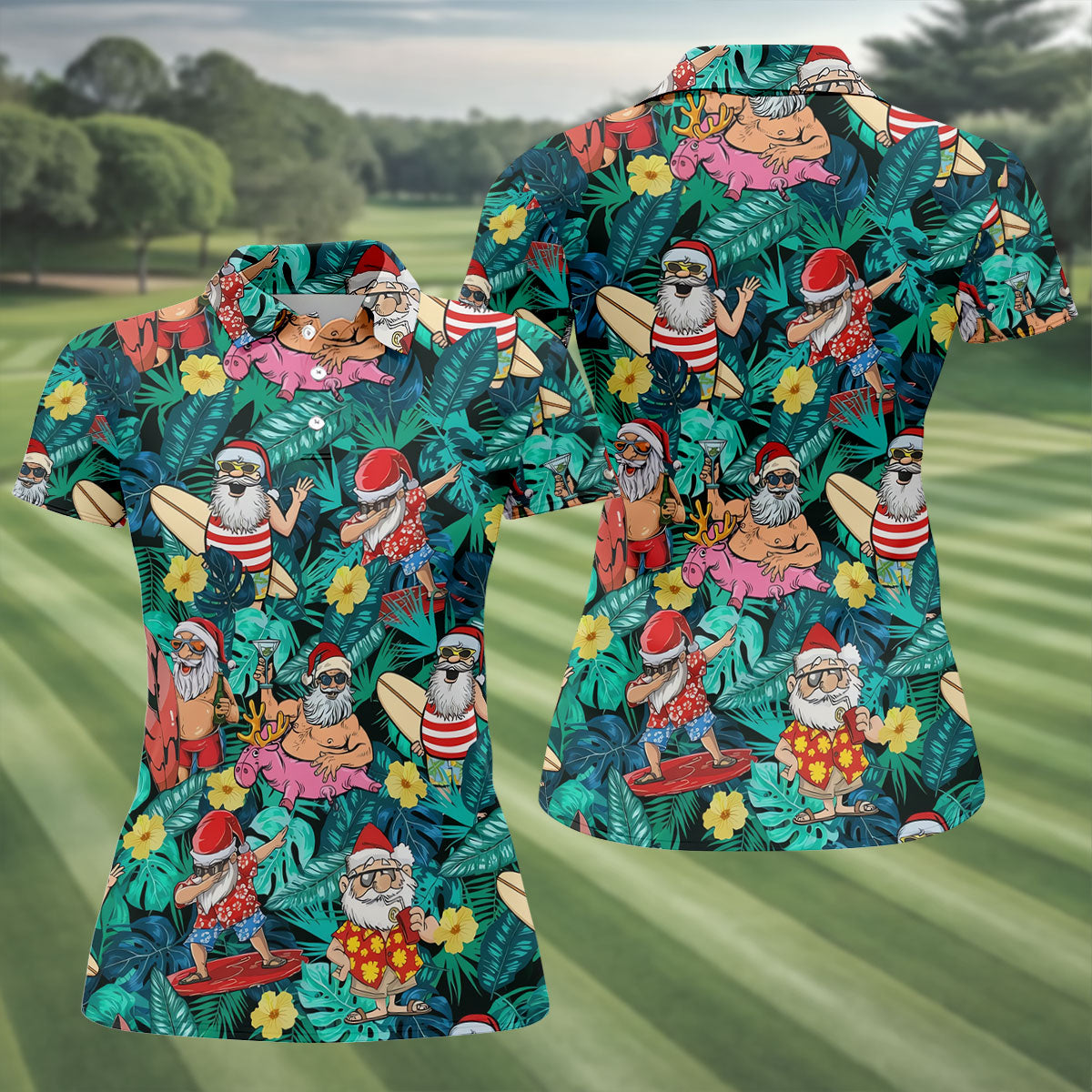 Women's Funny Santa Pool Float Golf Shirt, Christmas Golf Shirt, Women’s Golf Apparel