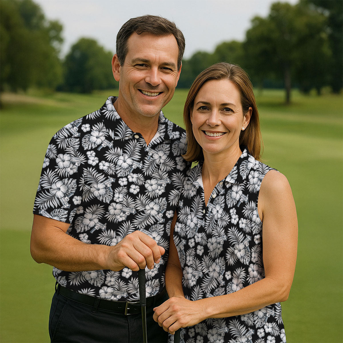 Black And White Pattern Tropical Hawaiian Golf Shirt, Summer Theme Golf Shirt For Women