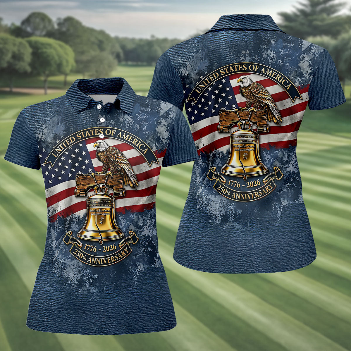 Patriotic Bald Eagle Liberty Bell Distressed Golf Shirt, 250 Years 4th Of July Golf Shirt For Women