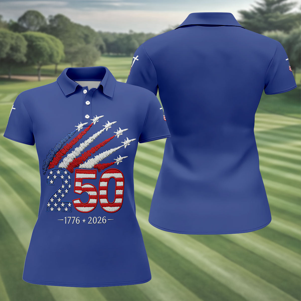 Flying Fighter Jets Faith Cross Patriotic 4th Of July Blue Golf Shirt, 250 Years Golf Shirt For Women