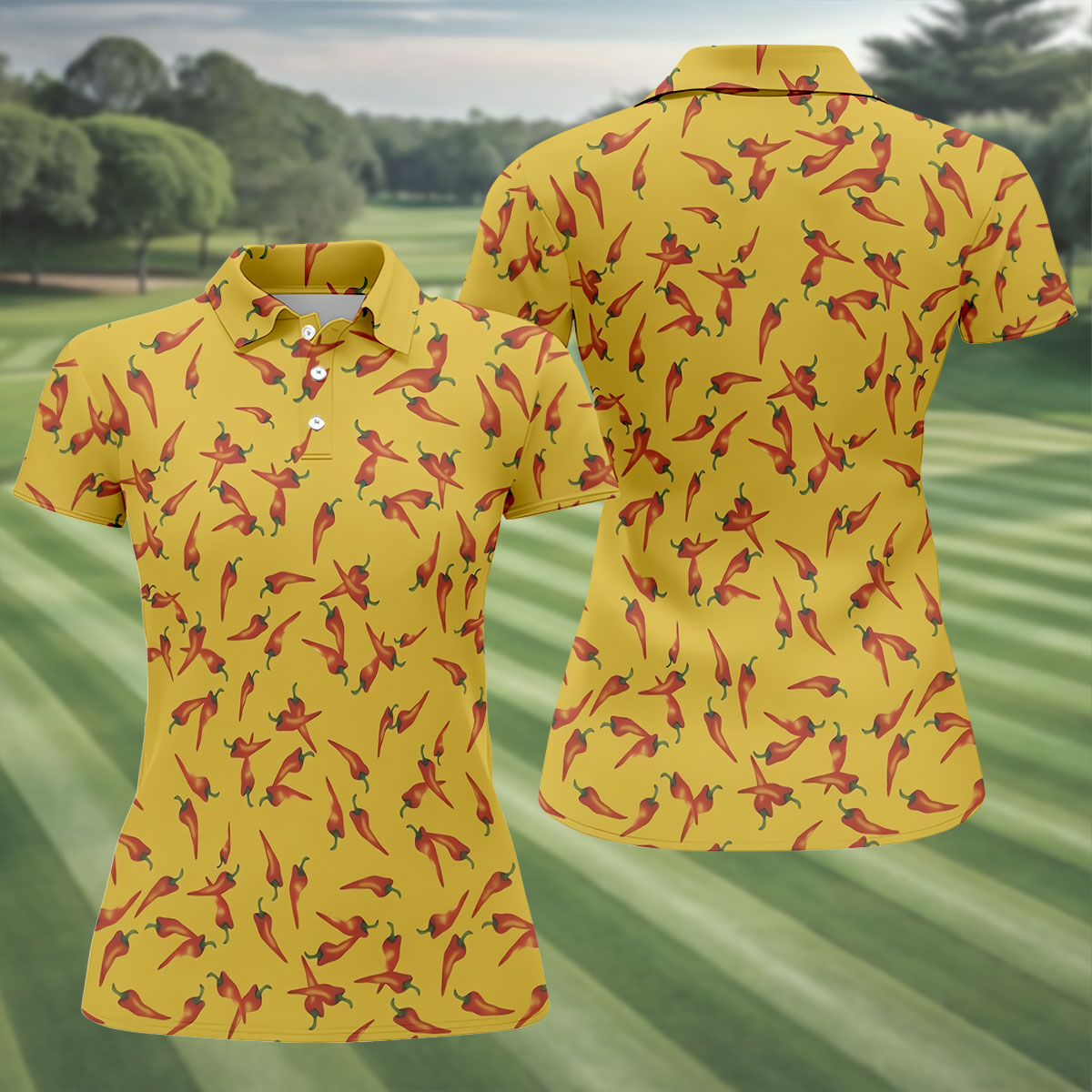Red Chilli Yellow Hawaiian Golf Shirt, Summer Vibe Ladies Golf Tops, Golf Shirt For Women