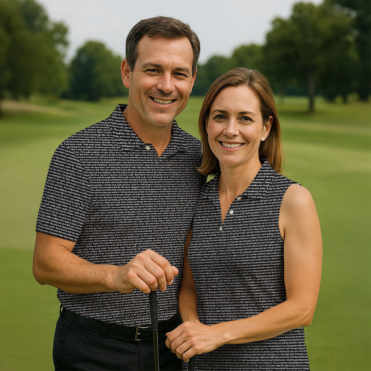 Black Text Pattern Golf Polo Shirt, Golf Shirts For Men, Printed Golf Shirts