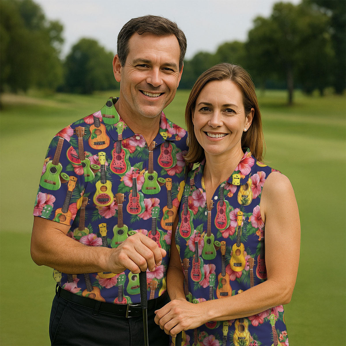 Tropical Ukulele Fruit Pattern 250 Retro Golf Shirt, Hawaiian Vibe Golf Shirts For Men