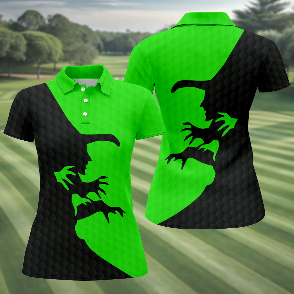 T-Rex Silhouette Halloween Golf Polo Shirt, Women's Golf Apparel, Ladies Golf Shirt