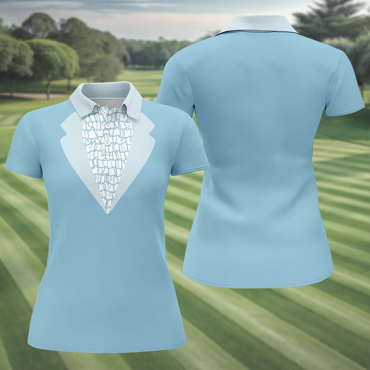 Light Blue Tuxedo Fun Women's Golf Shirts, Retro Golf Shirt, Ladies Golf Tops