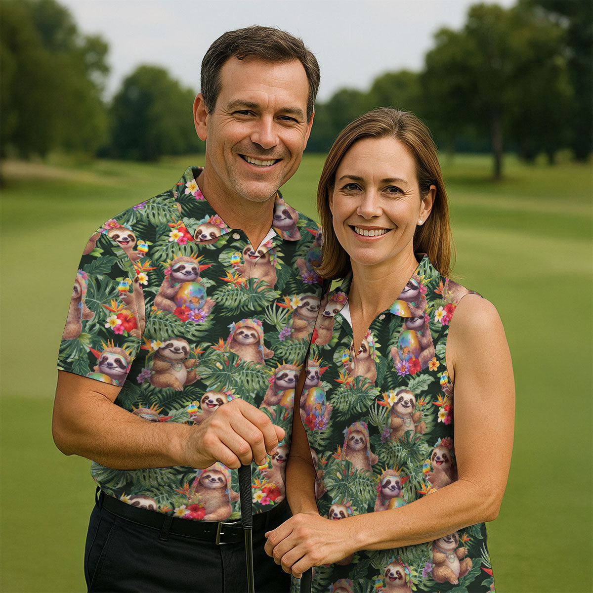 Funny Sloth Hawaiian Summer Golf Tops For Men, Hawaiian Golf Shirts, Polo Shirts For Men