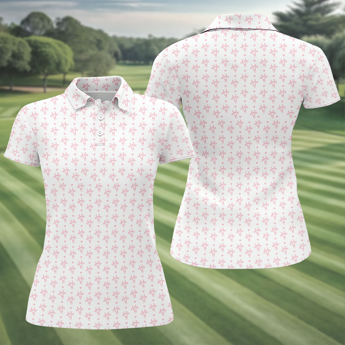 White Pink Funny Adult Pattern Polo Shirt, Ladies Golf Tops, Women's Golf Polo