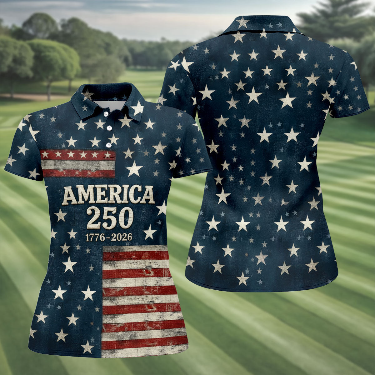 America 250 Distressed Flag 4th Of July Golf Shirt, Stars And Stripes Vintage Patriot Golf Shirt For Women
