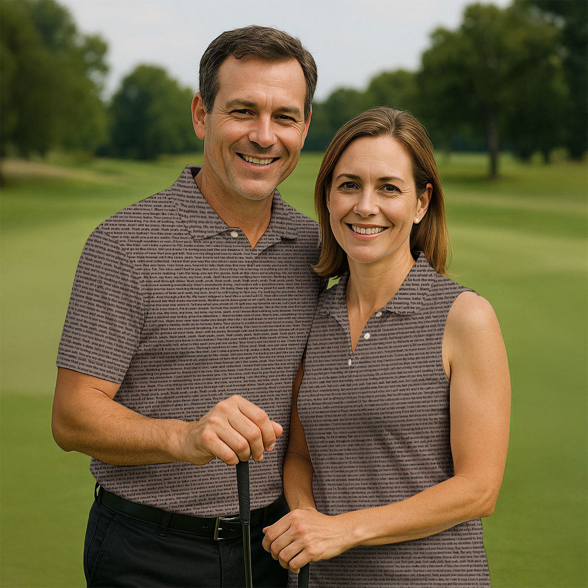 Cream Text Pattern Golf Polo Shirt, Golf Shirts For Men, Printed Golf Shirts