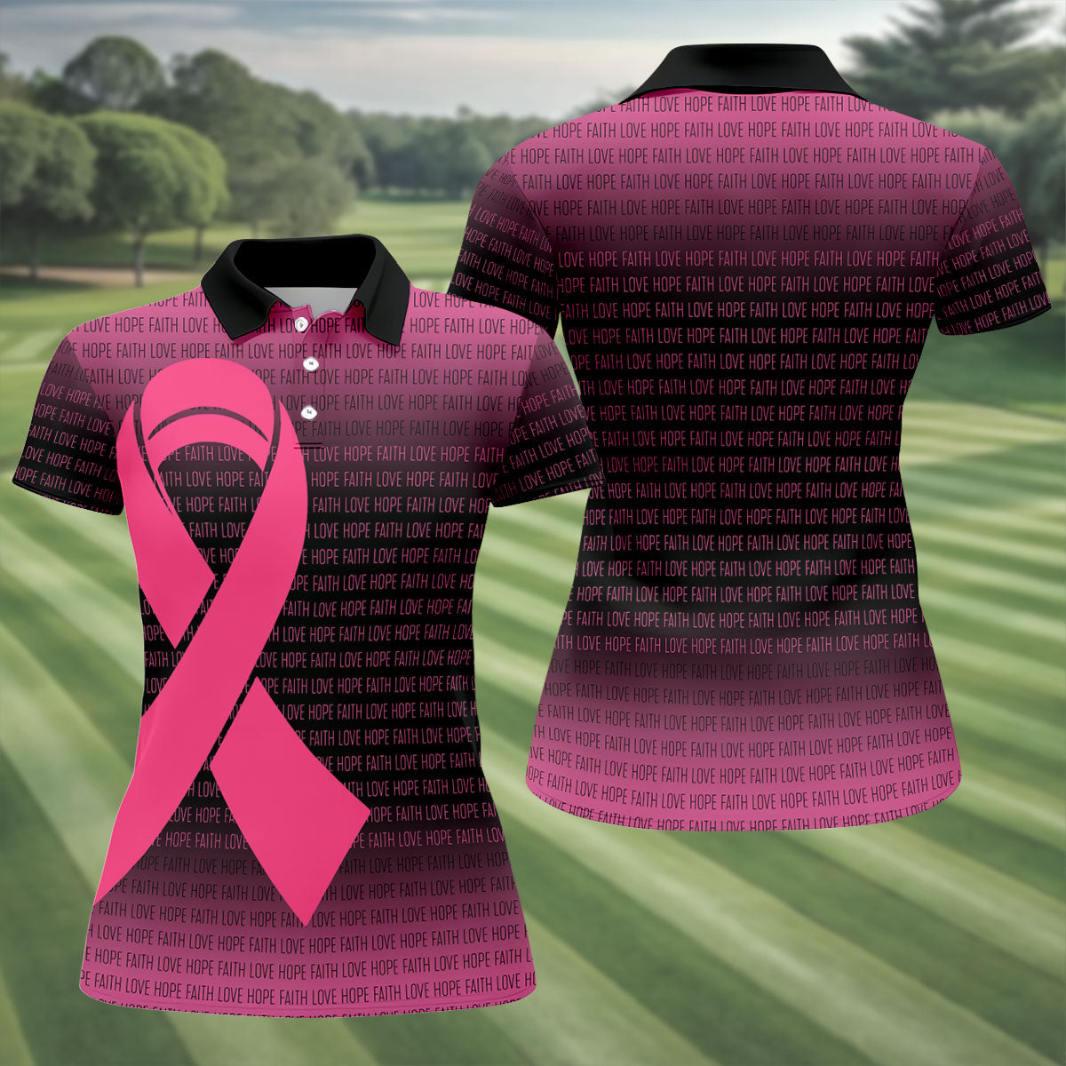 Faith Love Hope Pink Ribbon Breast Cancer Polo Shirt, Ladies Golf Tops, Women’s Golf Polo