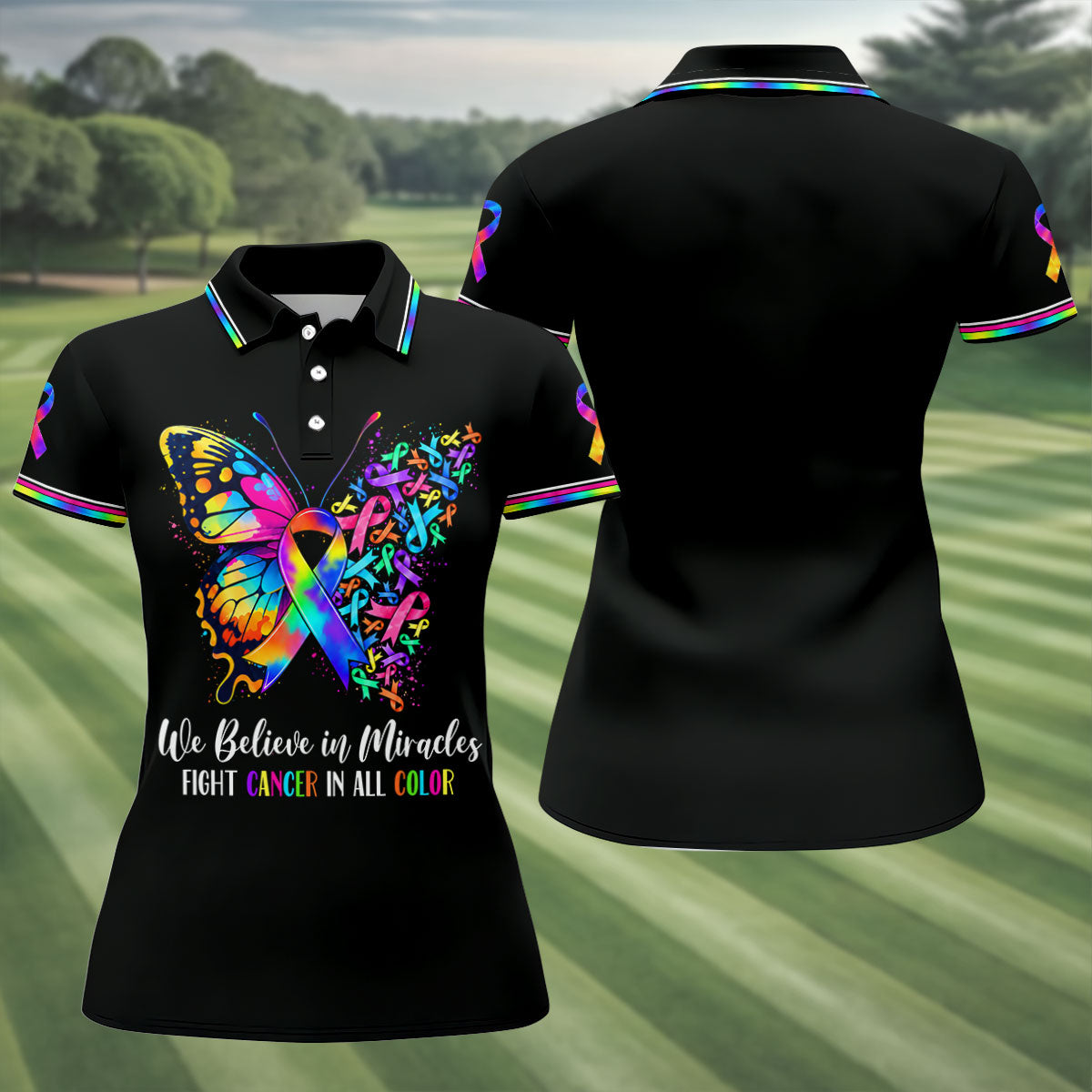 We Believe In Miracles Butterfly Cancer Polo Shirt, Women's Golf Tops, Printed Golf Shirt