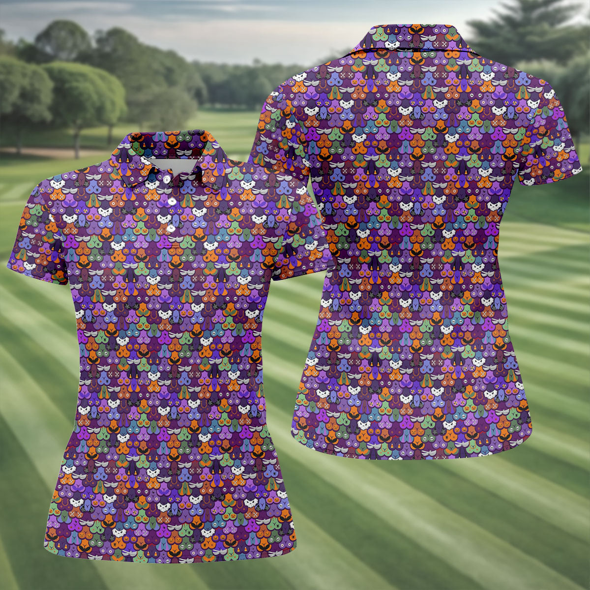 Cute Halloween Icon Pattern Golf Polo Shirt, Women's Golf Polo, Ladies Golf Shirts